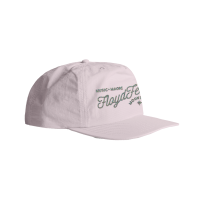 Light pink nylon surf cap with embroidered Floydfest Horizon 2024 logo in glittery green text, featuring a flat brim and adjustable strap for outdoor adventures and sun protection