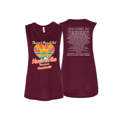 Maroon ladies tank top for FloydFest 2024 featuring colorful sunset graphic with 