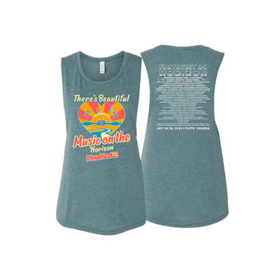 Heather teal ladies tank top for FloydFest 24, featuring colorful front graphic with sunset and music notes, and festival lineup details on the back. Stylish and comfortable design for music festival attendees.