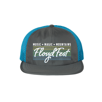 HORIZON '24 Wide Mesh Hat in charcoal and cyan, featuring embroidered 