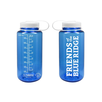 Blue Nalgene 1000ml drink bottle with white screw on cap. White Friends of the Blue Ridge Logo.