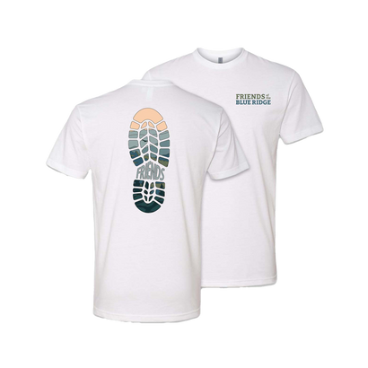 White Short sleeve t-shirt with a Two color left chest logo on the front and blue ridge mountain skyline boot print graphic on the back.