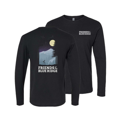 Friends of the Blue Ridge 'Night Sky' Long Sleeve Tee with night sky star gazing graphic and white Blue Ridge logo