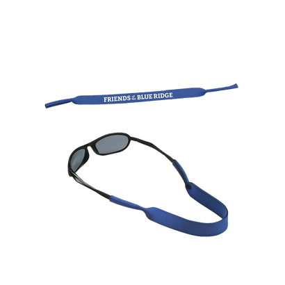 Blue fabric sunglass strap with white Friends of the Blue Ridge logo text. Sunglasses pictured are not included.