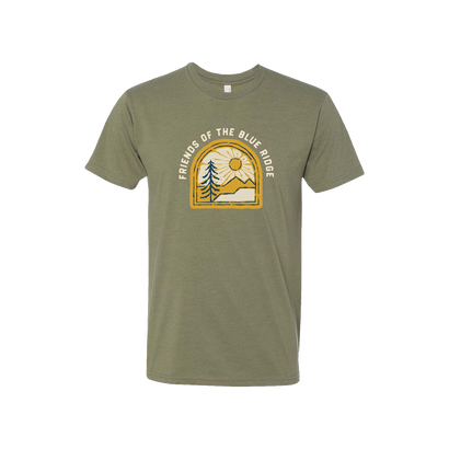 Olive Green t-shirt with gold and cream friend of the blue ridge logo and sunshine graphic. Sun rising over the mountain range.