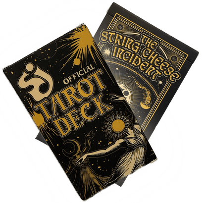 Black tarot card deck box with gold celestial designs and 