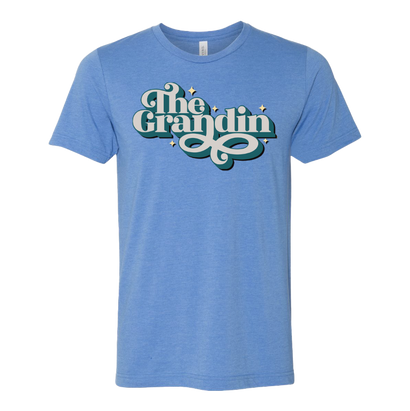 The Grandin Theatre Swoop Logo on a Blue T-Shirt