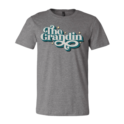 The Grandin Theatre Swoop Logo on a Gray T-Shirt