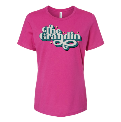 The Grandin Theatre Swoop Logo on a Women's Cut Pink T-Shirt