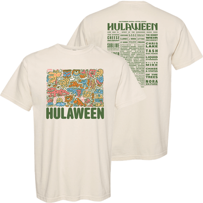 Cream-colored t-shirt with colorful cartoon character lineup on front and green text in state shape on back, featuring 'Hulaween' festival design