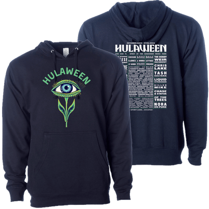 Navy blue hoodies featuring Hulaween branding. Front hoodie displays green eye-flower logo, back hoodie shows event lineup in white text. Both hoodies have drawstring hoods and kangaroo pockets.