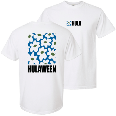 White t-shirt with blue and white floral pattern on back, 'HULAWEEN' text, and small 'HULA' logo on front chest