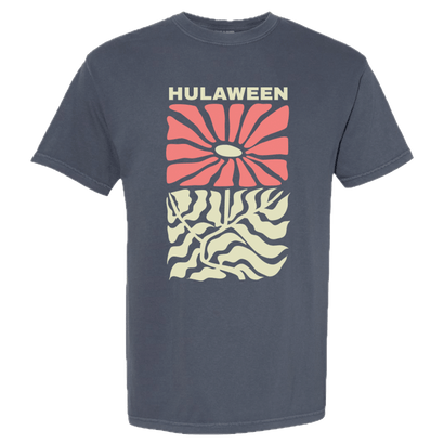 Dark blue t-shirt with Hulaween graphic design featuring a stylized red sun and abstract wavy pattern in light yellow, printed on Comfort Colors fabric