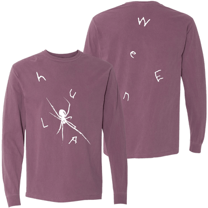 Purple long-sleeve shirt with white spider graphic on front and scattered letters spelling 