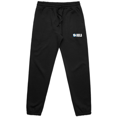 Black sweatpants with drawstring waistband and elastic cuffs, featuring small white HULA logo on left thigh, comfortable and stylish casual wear