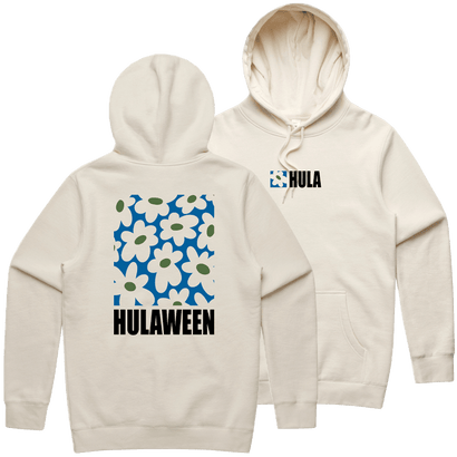 Natural-colored hooded sweatshirt with floral print design on back and Hulaween logo on front chest. Screen printed AS Colour garment featuring blue and white flower pattern and brand name in black text.