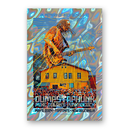 Commemorative lava foil poster featuring a musician playing bass guitar atop Tipitina's yellow building in New Orleans, with dynamic blue swirls and artistic designs against holographic background. Limited edition Nick Daniels III tribute art by JT Luchessi.