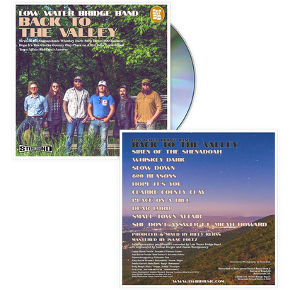 CD album cover and back for 'Back to the Valley' by Low Water Bridge Band, featuring band members in forest setting and track list with scenic mountain background