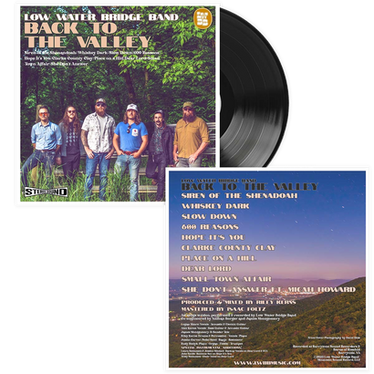 Vinyl record album 'Back to the Valley' by Low Water Bridge Band featuring cover art with band members in natural setting and track listing on back cover against scenic mountain backdrop