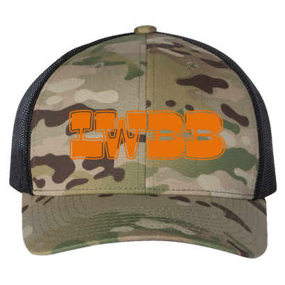 Multicam trucker hat with orange LWBB embroidery on front panel, black mesh back, structured mid-profile design, camouflage pattern on crown and visor, adjustable snapback closure