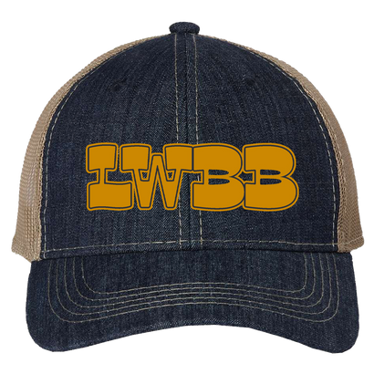 Denim trucker hat with yellow LWBB logo embroidered on front panel, contrasting tan mesh back, structured low-profile design, and adjustable hook-and-loop closure