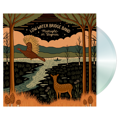 Low Water Bridge Band 'Midnight in Virginia' CD album cover featuring a stylized forest scene with a river, deer, turkey, and trees. The artwork showcases a rustic, nature-inspired design in earthy tones, capturing the essence of Virginia's wilderness.