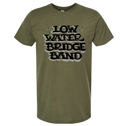 Low Water Bridge Band Graffiti Lettering on a Military Green T-Shirt