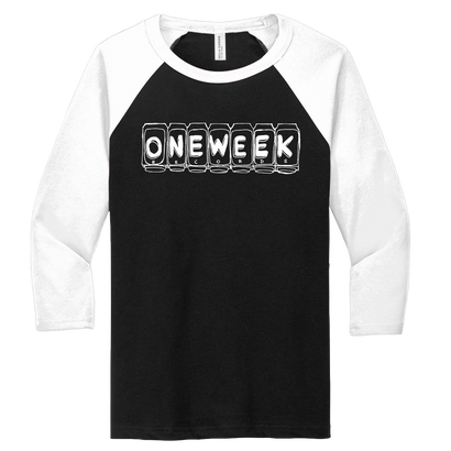 White and Black 3/4 sleeve raglan t-shirt with one week records logo