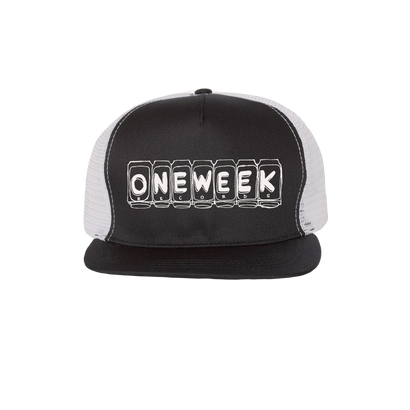 Black Trucker hat with white one week records logo and white mesh back.