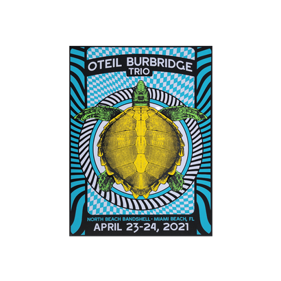 Psychedelic concert poster featuring a vibrant yellow turtle on a blue geometric background for Oteil Burbridge Trio at North Beach Bandshell, Miami Beach, April 23-24, 2021