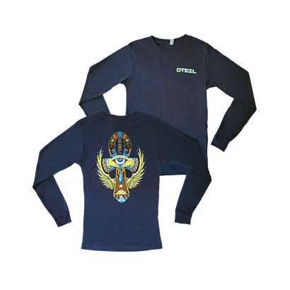 Navy blue long sleeve t-shirt with colorful Ankh design on back featuring winged eye and Egyptian-inspired elements. Front has small Oteil logo. Comfortable cotton blend for everyday wear.