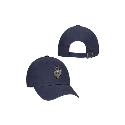 Navy blue baseball cap with adjustable strap, featuring an embroidered Ankh symbol patch on the front. Side view shows curved brim and back view displays strap closure. 