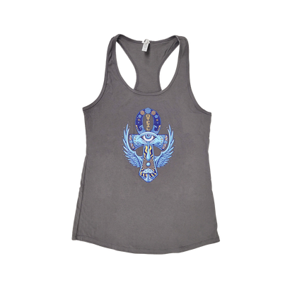 Gray women's tank top featuring a vibrant blue and purple Ankh symbol with wings and an eye design. The sleeveless racerback style showcases the intricate graphic centered on the chest, perfect for fans of Egyptian-inspired art and spirituality.