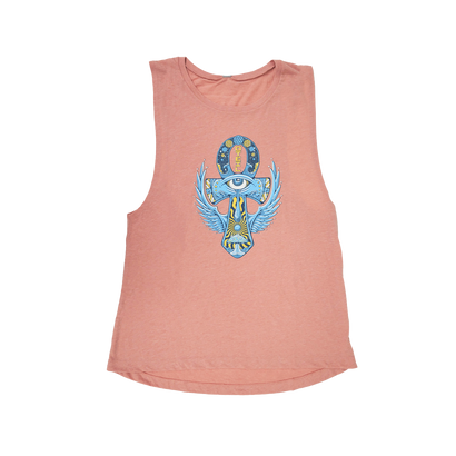 Pink women's tank top featuring a vibrant, colorful design of an Ankh symbol with wings, an eye, and various ornate elements in blues, yellows, and greens. The sleeveless shirt has a relaxed fit and rounded neckline, perfect for casual wear or yoga practice.