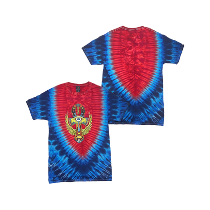 Vibrant tie-dye t-shirt featuring blue and red V-pattern design. Front displays colorful Ankh symbol with wings and eye motif. Back showcases classic tie-dye pattern. Short-sleeved, crew neck style suitable for casual wear.