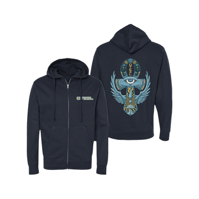 Navy blue zip-up hoodie with colorful Ankh design on back featuring winged eye motif and mystical symbols. Front has small patch pocket. Comfortable casual wear with spiritual and Egyptian-inspired artwork.