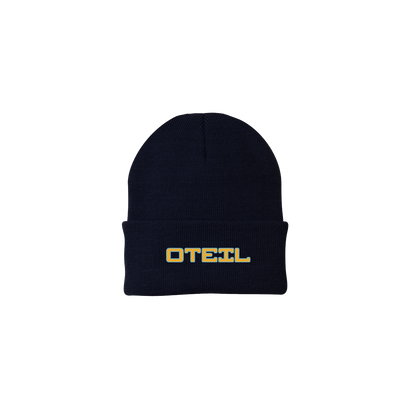 Navy blue knit beanie with folded brim featuring yellow and orange embroidered 