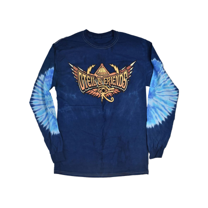 Long sleeve tie-dye shirt in navy blue with light blue spiral patterns on sleeves. Gold and orange winged logo 