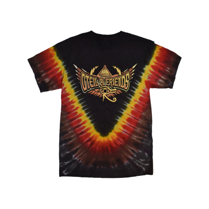 Tie-dye t-shirt with bold V-shaped pattern in black, red, and gold. Center features Oteil and Friends logo with stylized wings and eye design. Short sleeves visible, showcasing vibrant tie-dye effect.