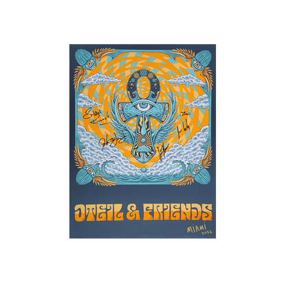 Vibrant signed poster for Oteil & Friends Miami 2022 concert featuring psychedelic art with an ankh symbol, waves, and feathers in orange, blue, and white. Band name in retro-style lettering at bottom.