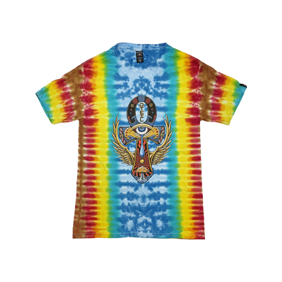 Vibrant tie-dye t-shirt with rainbow colors featuring an intricate Ankh design in the center. The Ankh symbol is adorned with wings, an eye, and Egyptian-inspired elements, creating a striking contrast against the multicolored background.