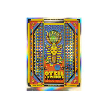 Psychedelic poster featuring Egyptian pharaoh with golden headdress, colorful geometric patterns, and 