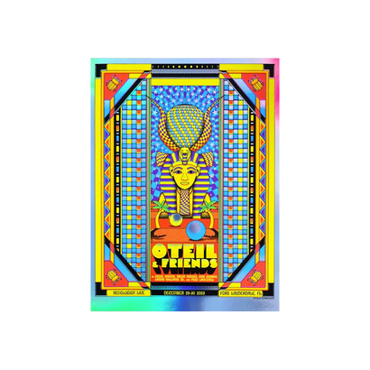 Vibrant psychedelic poster featuring Egyptian pharaoh motif with golden headdress, colorful geometric patterns, and 