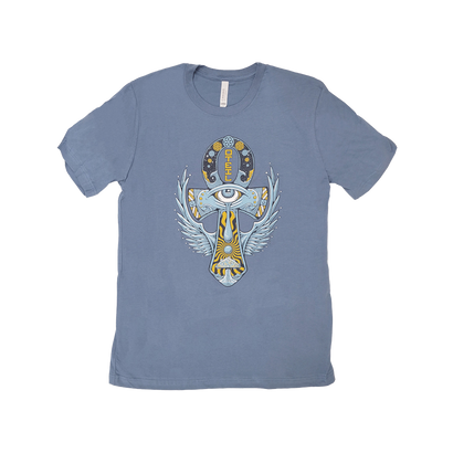 Blue unisex t-shirt featuring a vibrant Ankh design with wings, eye symbol, and intricate details in gold and white against the blue fabric. Short-sleeved comfortable shirt with round neckline, perfect for casual wear or music events.