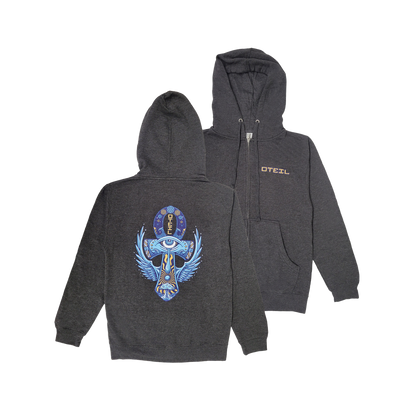 Heather grey zip-up hoodie featuring Egyptian Ankh symbol with blue wings on back, front pocket, and small logo on chest. Comfortable and stylish unisex design for casual wear.