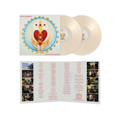 Lovely View of Heaven double LP in opaque bone vinyl, featuring album cover art with heart and flame imagery, and open gatefold displaying track listing and studio photos