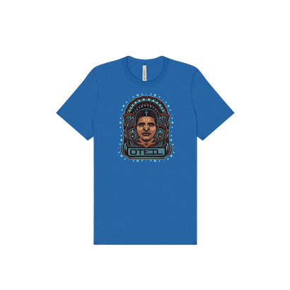 Blue t-shirt featuring stylized portrait design with colorful patterns, stars, and text 'OTEIL' in a retro-inspired graphic style