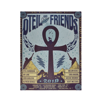 2018 Oteil and Friends concert series poster featuring an ankh symbol with wings, band member names, and venue details for January shows in New York City and Philadelphia