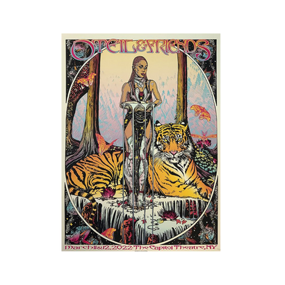 Colorful psychedelic concert poster featuring a central figure standing on a waterfall, flanked by two tigers in a lush forest setting. Ornate decorative border with 