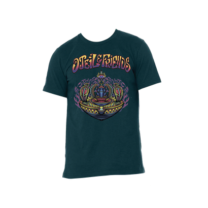 Dark green t-shirt featuring colorful psychedelic artwork for Oteil & Friends 2023 Tour, with vibrant purple, yellow, and blue design depicting a stylized alien-like face surrounded by intricate patterns